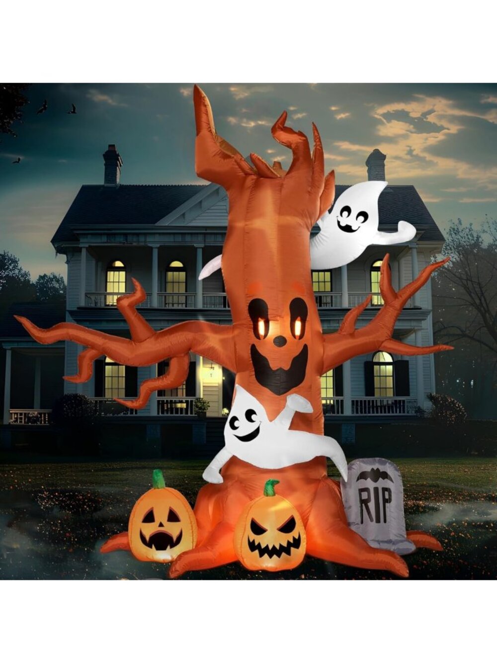 8FT Halloween Inflatable Scary Tree with Ghost, LED Pumpkin & Tombstone Decor